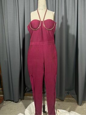 Women’s Strapless Chain-Detail Jumpsuit in Berry